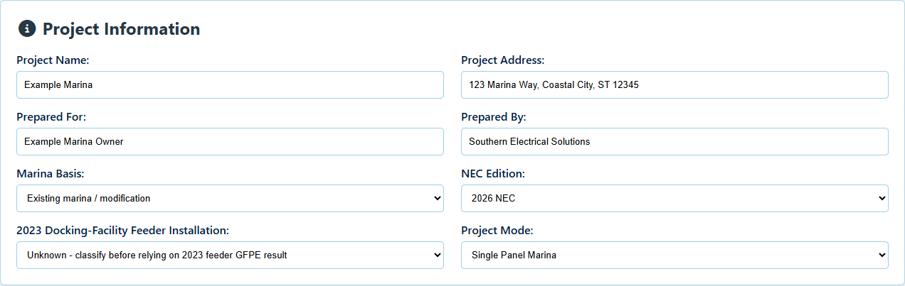ShorePowerCalc project information and project mode selection