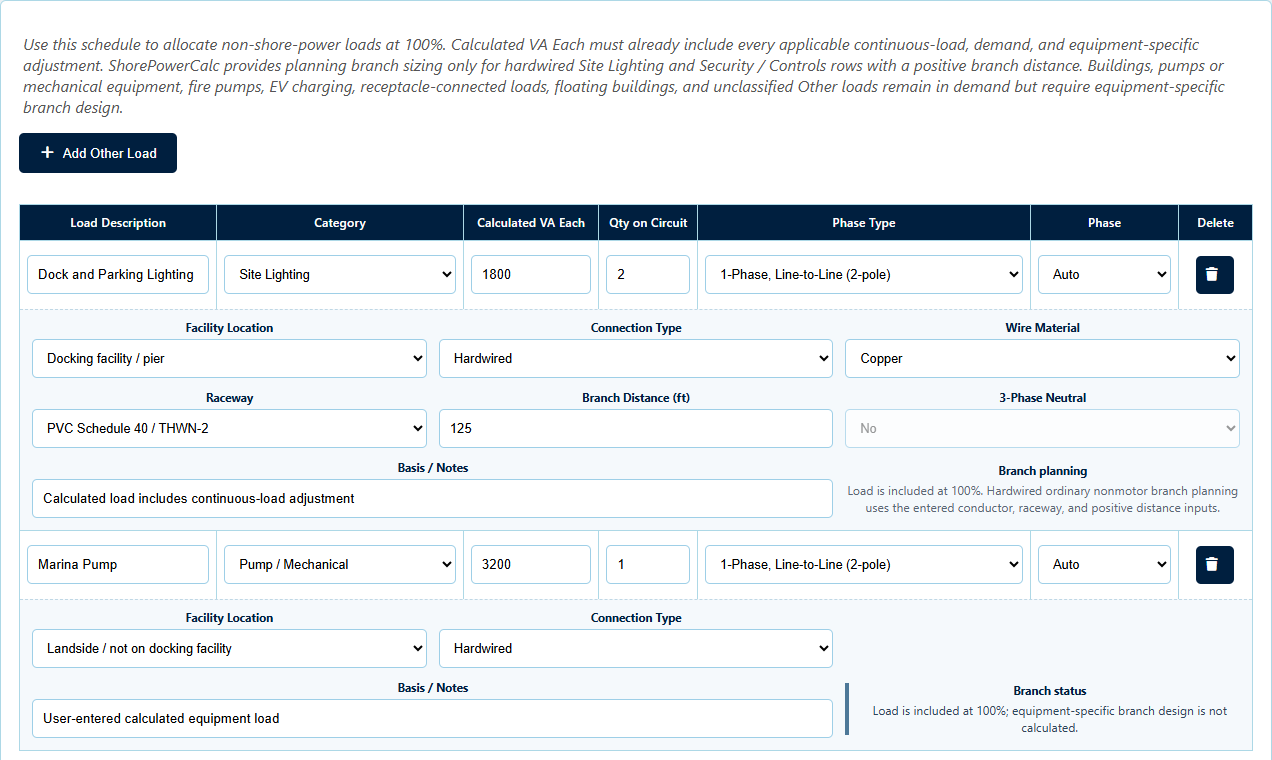 ShorePowerCalc Other Marina Loads schedule