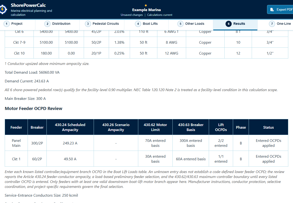 ShorePowerCalc panel schedule with breaker, conductor, grounding, raceway, and voltage drop results