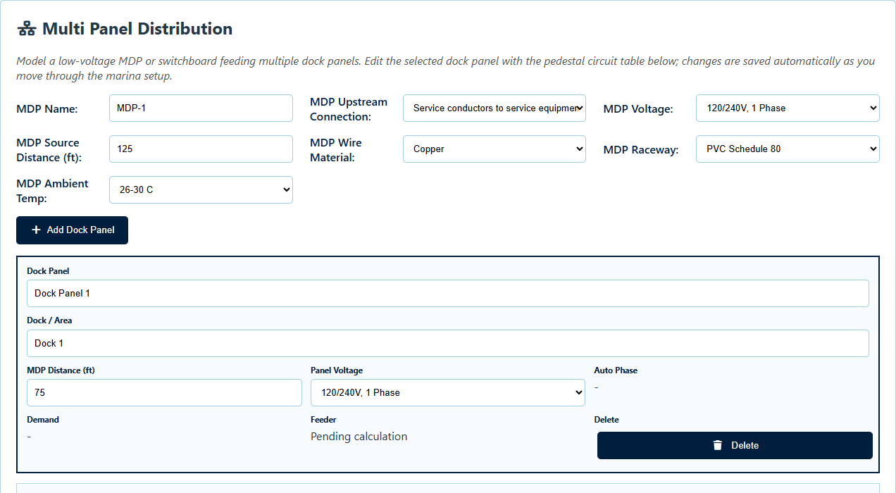 ShorePowerCalc Multi Panel Marina distribution inputs