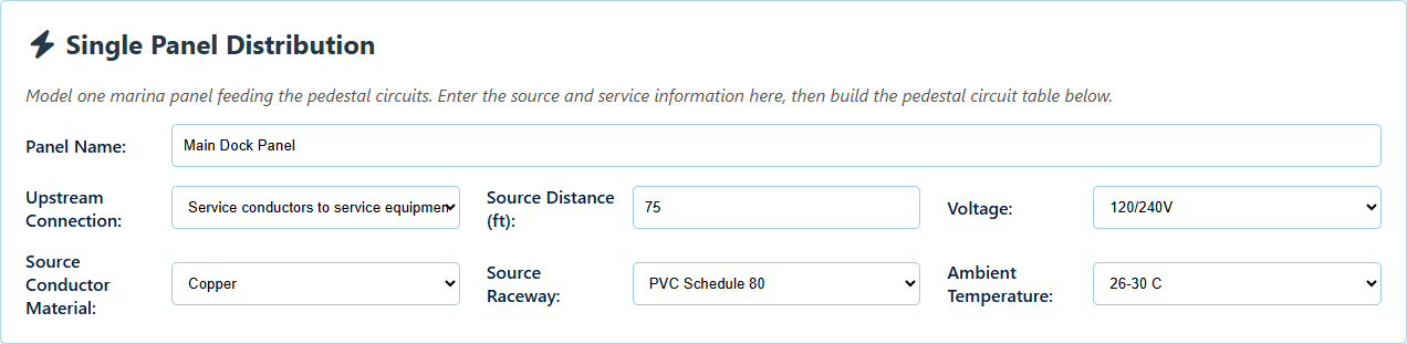 ShorePowerCalc Single Panel Marina upstream source and distribution inputs