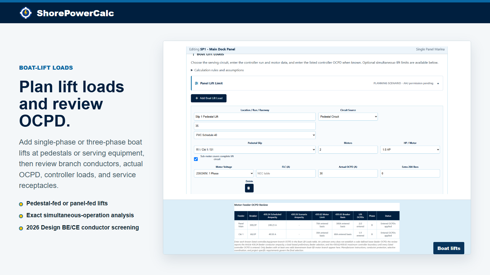Boat-lift load inputs and motor feeder OCPD review in ShorePowerCalc