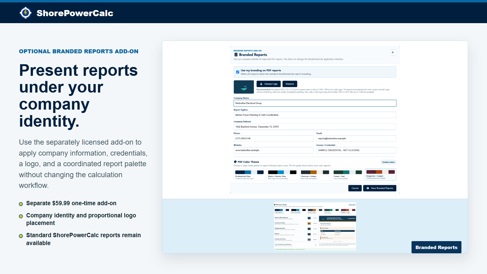 Optional ShorePowerCalc Branded Reports add-on editor for company identity, logo, and report colors