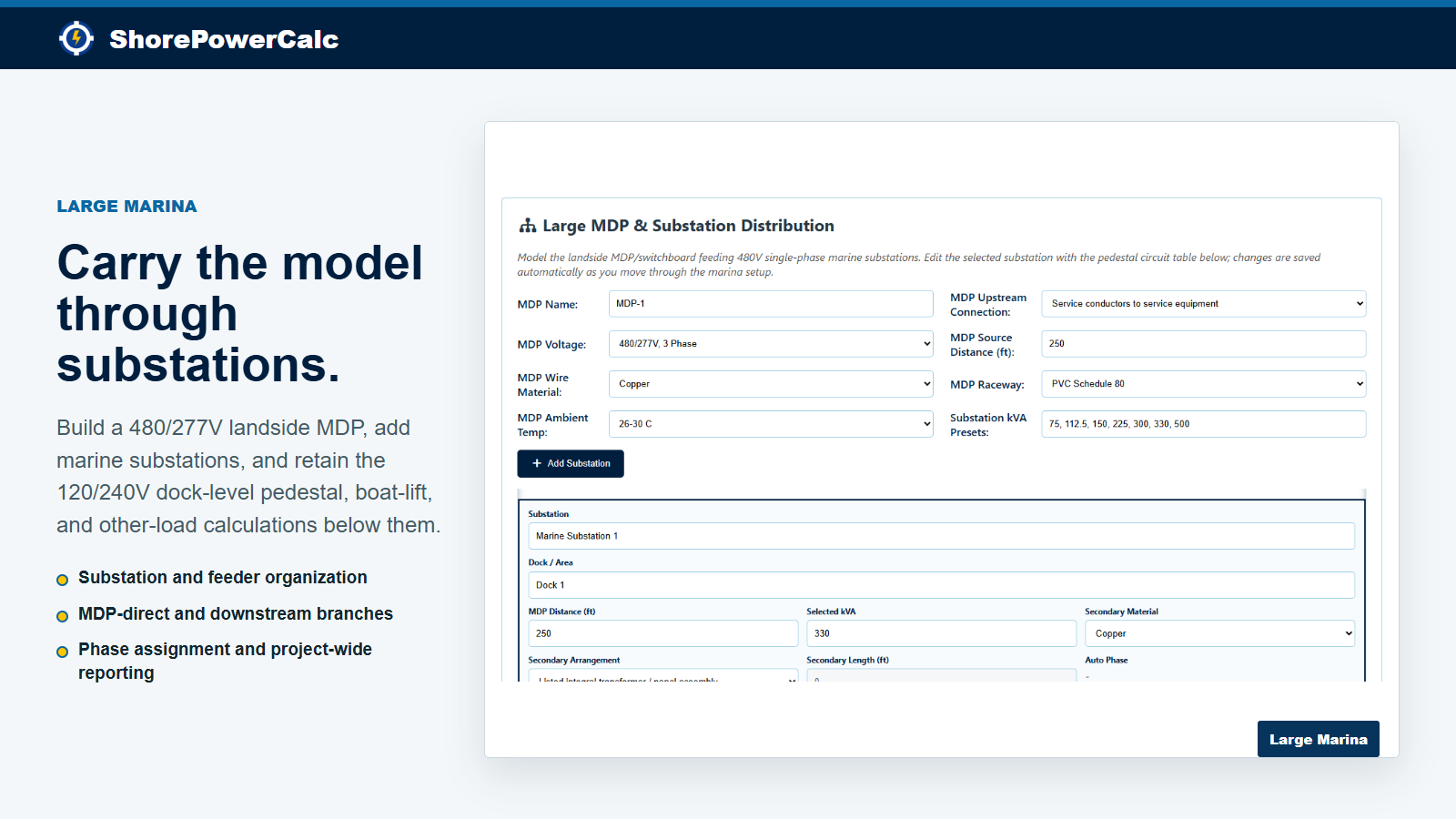 ShorePowerCalc Large MDP and Substation Marina distribution inputs
