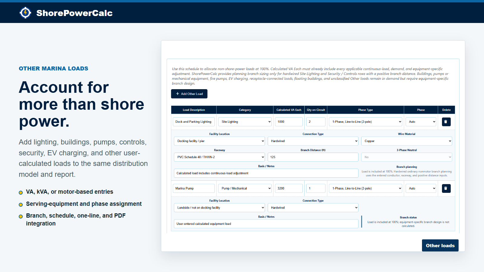 Other Marina Loads schedule for lighting, pumps, buildings, controls, security, EV charging, and user-calculated loads
