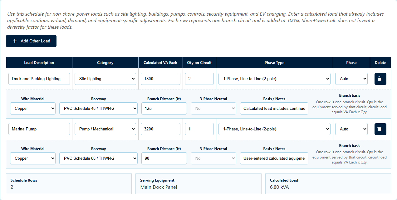 ShorePowerCalc V2.1.0 Other Marina Loads schedule