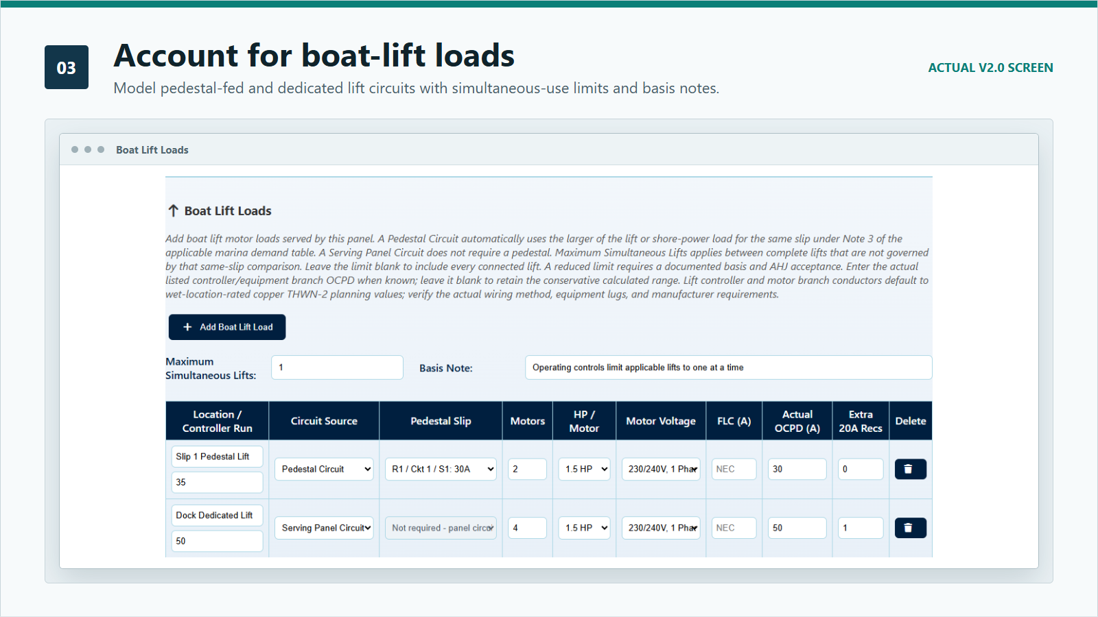 Boat-lift load inputs and motor feeder OCPD review in ShorePowerCalc