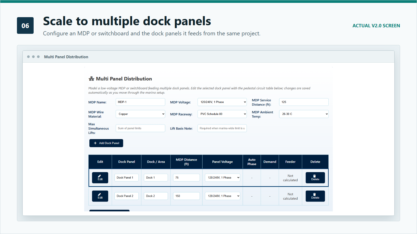 ShorePowerCalc Multi Panel Marina MDP and dock panel distribution inputs