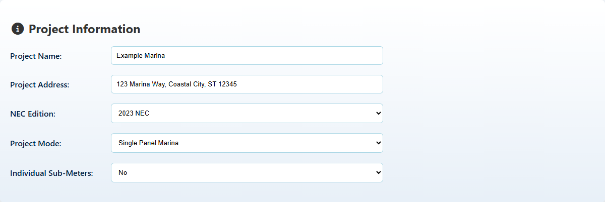 ShorePowerCalc project information and project mode selection