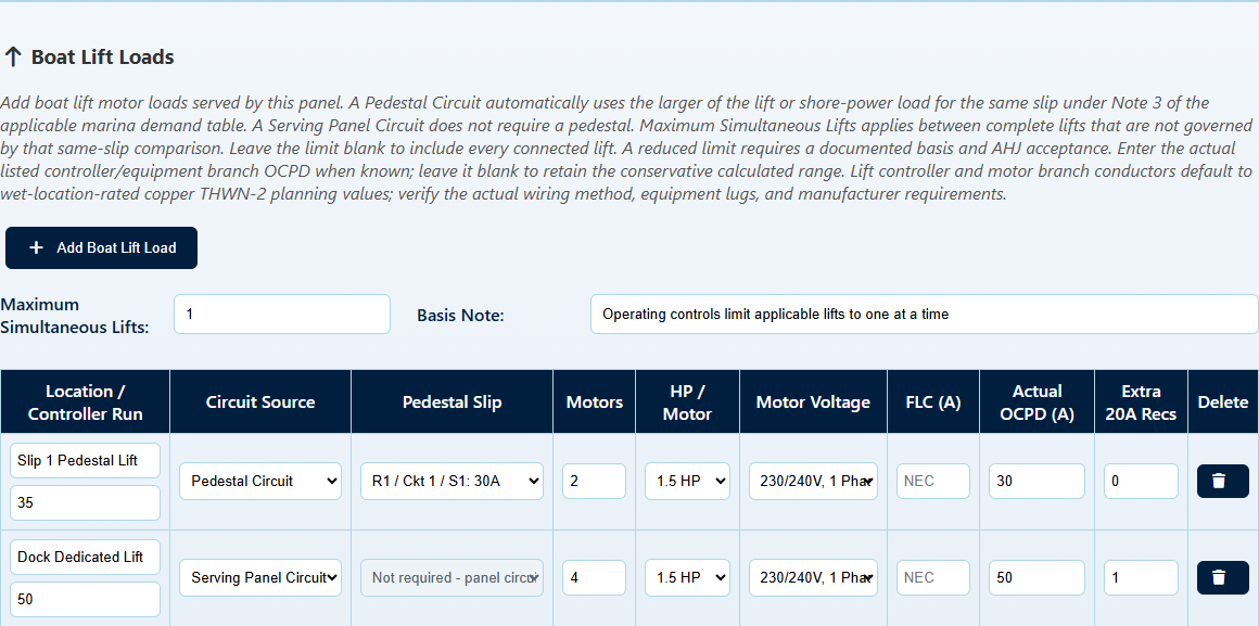 ShorePowerCalc boat-lift load inputs and motor feeder OCPD review