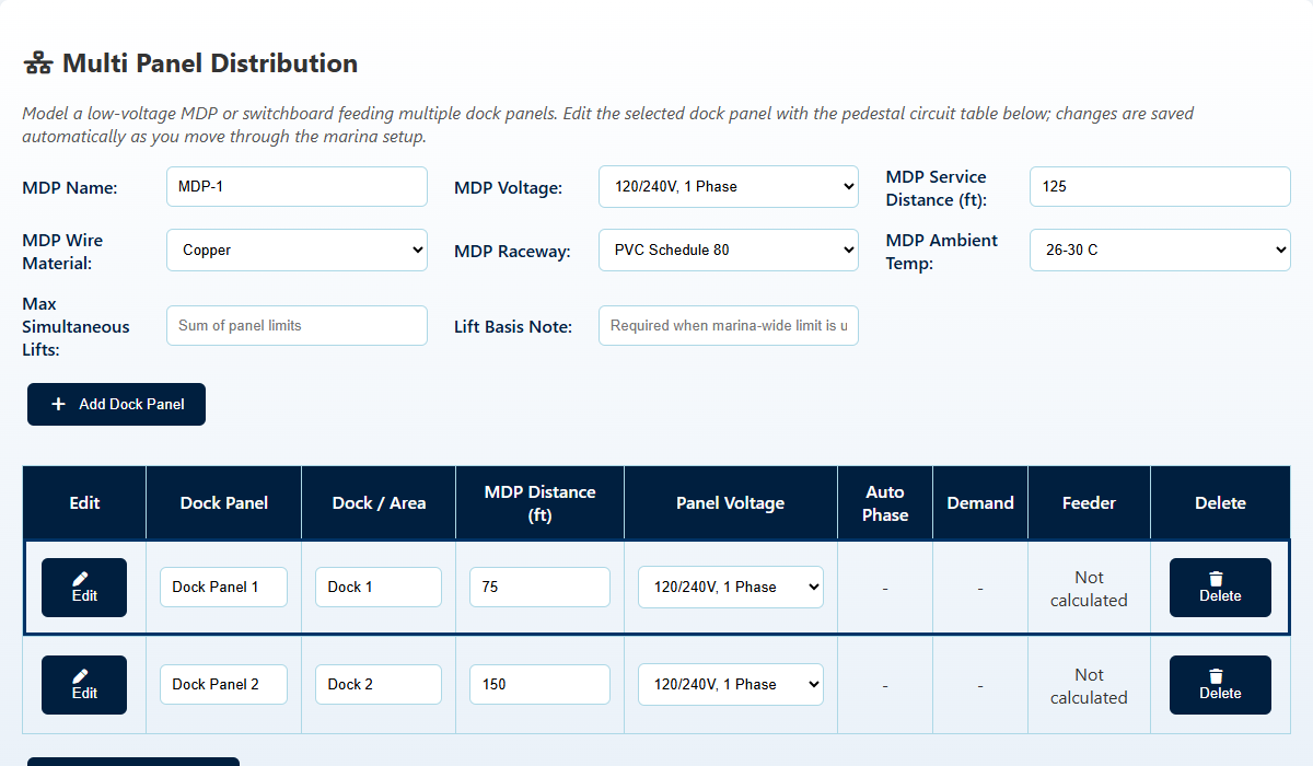 ShorePowerCalc Multi Panel Marina distribution inputs